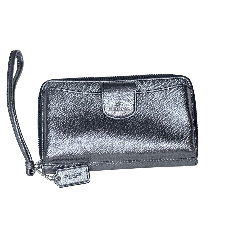 Coach Metallic Gunmetal Silver Pebbled Leather Zip Around Wristlet Wallet Clutch